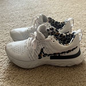 Nike React Infinity Flyknit- size 6.5, white with leopard Nike sign